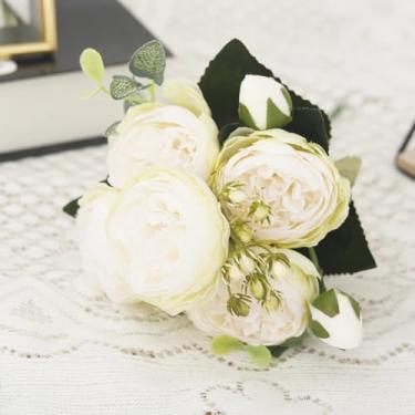 Imagem de Flores artificiais de peônia de seda, buquê de rosas, decoração de casa e natal, arranjos florais falsos para casamento, jardim, guirlanda, acessórios para festa faça você mesmo (branco e verde)