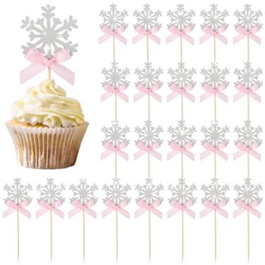 Imagem de Amyhill 50 Pcs Snowflake Cupcake Toppers with Pink Bow Cupcake Toppers Winter Theme Glitter Cup Cake Picks for Christmas Baby Shower Birthday Wedding Cake Decorations Supplies