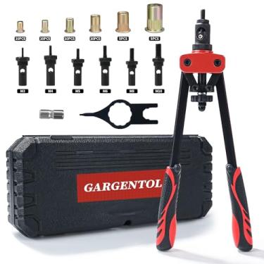Imagem de GARGENTOL Kit de ferramentas de porca de rebite de 35,56 cm, pistola profissional de ferramentas de rebite com 6 mandris métricos, 50 peças de rebitador, conjunto de rebitador manual resistente para