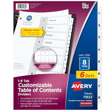 Imagem de Avery 8 divisórias para 3 fichários de anéis, índice personalizável, abas brancas clássicas, 6 conjuntos (11822)