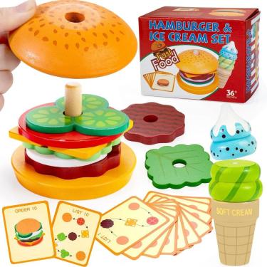 Imagem de Brinquedo empilhável Montessori de madeira Bravmate Burger & Ice Cream