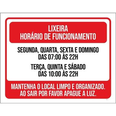 Imagem de Placa Sinalização - Lixeira Horário Funcionamento 36X46