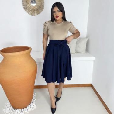 Imagem de Saia Midi Godê Moda Evangélica Feminina - Miss Flower, Azul marinho, G