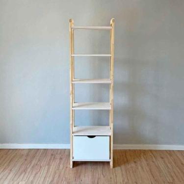 Imagem de Estante 6 Prateleiras de Madeira Pinus Linea Slim com Gaveta Branco e 