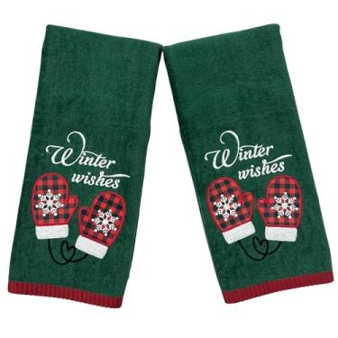 Imagem de Toalhas de mão de banheiro de Natal – Conjunto de 2 100% algodão - 63 x 40 Desejos de inverno bordados verdes com design de luva xadrez e floco de neve - Decoração de férias para banheiro e cozinha de