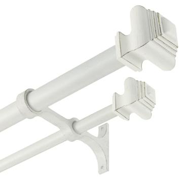 Imagem de Mayrhyme Varões de cortina duplos para janelas de 91 a 182 cm, varão de cortina duplo resistente com remates quadrados retrô e suporte duplo de alumínio, haste dupla ajustável para cortinas, branco