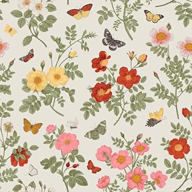 Imagem de VEELIKE Papel de parede floral vintage borboletas para destacar e colar rosa/amarelo/branco/vermelho papel de parede floral 45 cm x 89 cm papel de parede autoadesivo removível papel de contato floral para quarto de menina e berçário