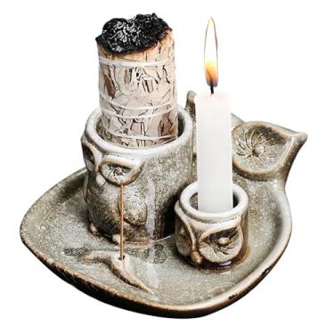 Imagem de Comeon Palo Santo, suporte de vela 4 em 1 de cerâmica para queimador de incenso de coruja de refluxo, suporte de vela para arco ardente (cinza)