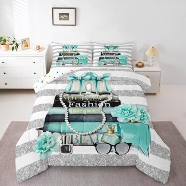 Imagem de Erosebridal Paris Fashion Conjunto de edredom feminino azul-petróleo, prata, moderno, para crianças, meninas, adolescentes, listrado, branco, feminino, turquesa, rosa, salto alto, para maquiagem