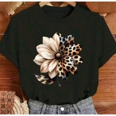 Imagem de Camiseta Feminina Blusa Algodão Flor Onça Casual Malha Premium Gola Re
