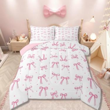 Imagem de Erosebridal Conjunto de cama de solteiro, rosa claro, com laço feminino, fofo, nó de laço kawaii, fantasia, decoração de quarto