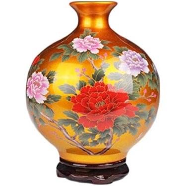 Imagem de Vaso de cerâmica artesanal com padrão base de peônia pode ser colocado na decoração do hotel de estudo para flores (Cor: Dourado Tamanho: 27 * 24 cm) (Cor: Ouro Tamanho: 27 * 24 cm)