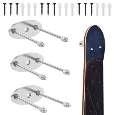 Imagem de 3 suportes de exibição de skate para montagem na parede, cabide de armazenamento de skate de metal com 2 furos de parafuso, exibição horizontal e vertical (prata, oval)