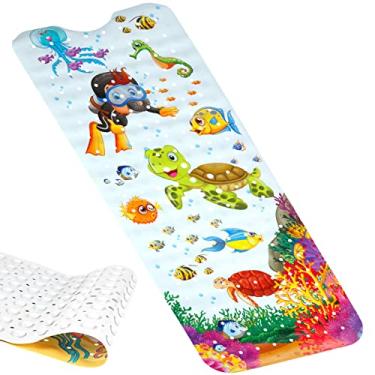 Imagem de Tapete de banho infantil 101,6 cm x 40,6 cm, antiderrapante, com ventosas e orifícios de drenagem, tapete de banheira de desenho fofo lavável à máquina para banheiro, bebês, crianças (estilo-1, 1 peça