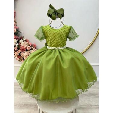 Imagem de Vestido Infantil Verde Oliva com Busto Plissado para Daminhas de Honra