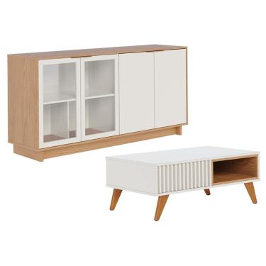 Imagem de Kit Aparador Para Sala De Estar Áustria Com Mesa De Centro Delta C04 Freijó Off White - Lyam Decor