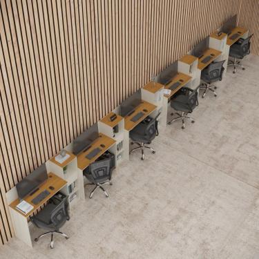 Imagem de Conjunto De Escritório Tech 5 Livreiro E 6 Mesas 90cm - Vian - Off White E Cedro Off White E Cedro