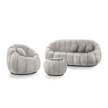 Imagem de Sofá 2 Lugares com Puff e Poltrona Giratória Orgânica Cloud Bouclê Cinza Claro E03 - D'Rossi