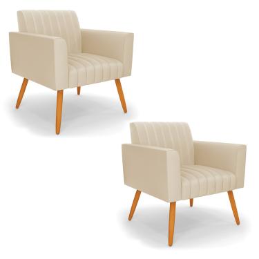 Imagem de Kit 2 Poltronas Viena Gomada Corino Bege Pés Palito Castanho - D'Rossi