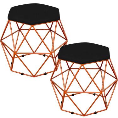 Imagem de Kit 02 Puffs Decorativo Aramado Bronze Six L02 Suede Preto - Lyam Decor