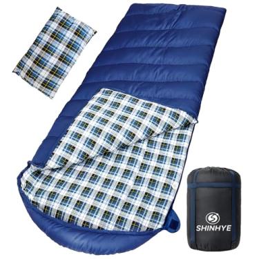 Imagem de ShinHye Saco de dormir de 0 graus para adultos - flanela de algodão 4 estações clima frio inverno, 2GG saco de dormir grande e alto para acampamento com saco de compressão (azul-marinho, 228 cm × 89