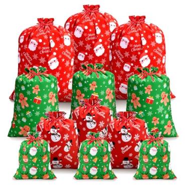 Imagem de Sacos de presente de Natal com cordão, sacos de embrulho de tecido reutilizável sortidos para lembrancinhas de festa de Natal, guloseimas, meias (12 peças, 4 tamanhos)