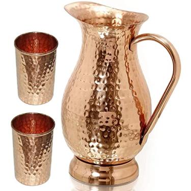 Imagem de Royal Sapphire Jarro de cobre com tampa – Jarra martelada feita à mão de cobre puro sólido, capacidade de 1,134 g, jarra de cobre puro para casa, hotel e presente com 2 copos de cobre grátis