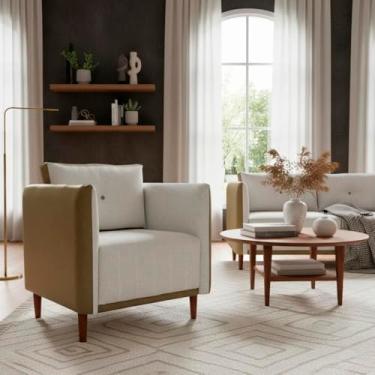 Imagem de Poltrona Decorativa Luxo Para Sala Recepção Consultório Confortável Aviv Corino Caramelo e Linho Premium Bege