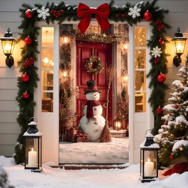 Imagem de BVBOX Capa de porta de Natal, capa de decoração de porta da frente de boas-vindas, faixa decorativa de Natal para sala de aula em casa, decoração de Natal (homem de neve na porta, 89,9 cm x 179,8 cm)