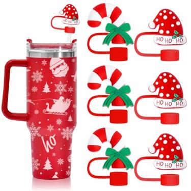 Imagem de Whaline 6 peças de tampas de palha de Natal, chapéu de Papai Noel, bengala doce, vermelho, chapéu de Papai Noel, pontas de canudo reutilizáveis, protetor para canudos de 0,4 polegadas, acessórios de
