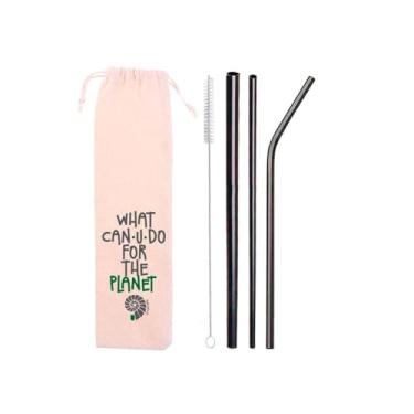 Imagem de Kit Canudos de Inox 5 em 1 – 3 Canudos Reutilizáveis com Shake (8mm) + Escova + Ecobag Ecológica (Preto)