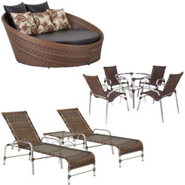Imagem de Kit 4 Cadeiras E Mesa 2 Espreguiçadeiras 1 Chaise Alumínio Trama - Tra