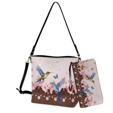 Imagem de Sannovo Bolsa tiracolo feminina de couro com estampa de beija-flor de pêssego grande com carteira de couro sintético conjunto de bolsa balde com alça de ombro ajustável, rosa