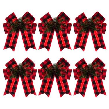 Imagem de HOVEOX 6 peças de laços de Natal arcos xadrez de serapilheira com pinhas para decoração de guirlanda de árvore decoração interna e externa (vermelho)