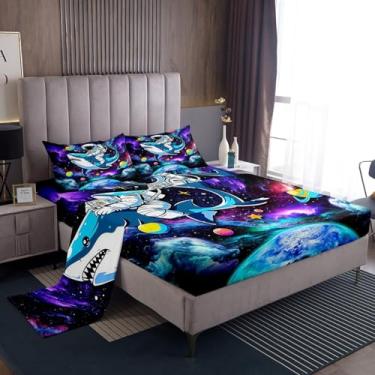 Imagem de Jogo de lençol solteiro com estampa de baleia astronauta, planeta, azul, roxo, nebulosa, 3 peças, galáxia, espaço sideral, decoração de quarto de adolescentes, meninos e meninas, conjunto de lençol