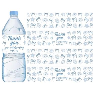 Imagem de Serencatcher Decoração de festa azul estrela do mar e conchas, 52 peças de etiquetas de garrafa de água à prova d'água com concha azul e laço para praia, litoral, despedida de solteira, casamento