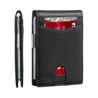 Imagem de Carteira Masculina Fina de Couro com Fibra de Carbono e Bloqueio RFID,