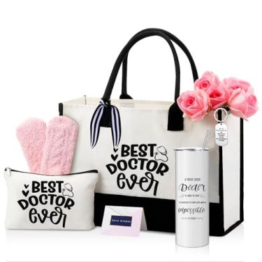 Imagem de Geiserailie 8 peças de presentes de médico para mulheres, incluindo grande sacola de cosméticos, copo de copo, meias de pelúcia, chaveiro de metal, cartão e envelope para presentes de agradecimento de