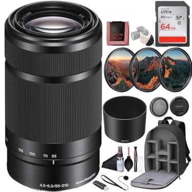 Imagem de Sony Lente E 55-210 mm f/4.5-6.3 OSS (preto) + kit de filtro de 3 peças + mochila + cartão de memória de 64 GB + tripé flexível + carteira de cartão de memória + protetor de tampa de lente + kit de