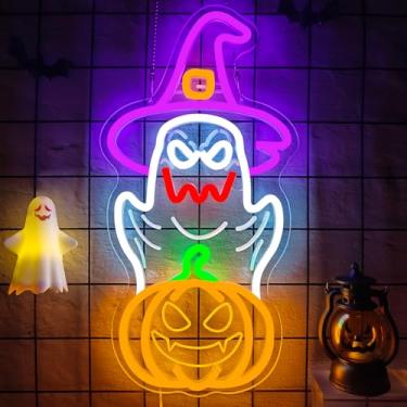Imagem de hhuohuona Sinal de neon de Halloween, letreiro de LED com fantasma regulável, fantasmas de Halloween com chapéu de bruxa, luzes de neon, Jack-O'-Lantern com luzes de janela assustadoras