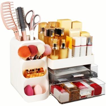 Imagem de Organizador de maquiagem com 2 gavetas – grande organizador de cosméticos de plástico para bancada, sem necessidade de montagem, caixa de armazenamento de maquiagem para mesa e banheiro, gaveta em