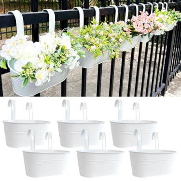 Imagem de Joyfernal Vasos de flores pendurados de 25,4 cm, pacote com 6 plantadores de metal branco para varanda e pátio, vaso de cerca de trilhos com gancho removível e orifício de drenagem para plantas