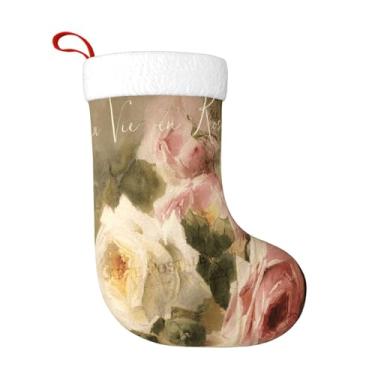 Imagem de Fevayeer Meias de Natal com rosas chiques gastas para lareira, enfeites de Natal para casa de fazenda, casa, família, férias, festas, presentes