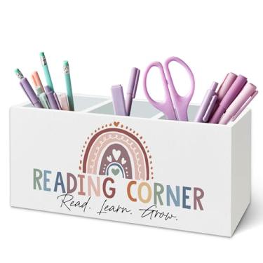 Imagem de TWRVI Suporte de caneta infantil boho arco-íris para mesa, decoração de sala de aula, presentes para amantes de livros, leitores, canto de leitura, suporte de lápis de madeira para crianças, canto de