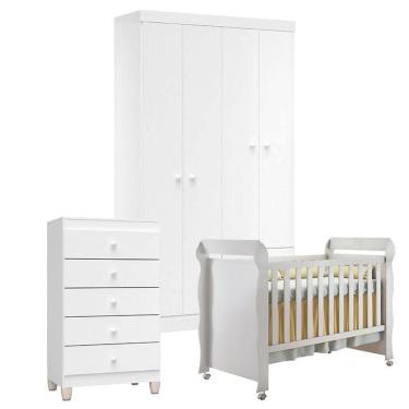 Imagem de Quarto De Bebê 4 Portas Com Gaveteiro Ternura Baby E Berço Mirelle Branco Brilho - Incorplac