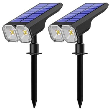 Imagem de LUMINFLY 2 peças de holofotes solares ao ar livre, construção abdominal à prova d'água, carregamento USB e solar, cabeças ajustáveis de 90°, 8 cores RGB, perfeito para jardins, caminhos, pátios e