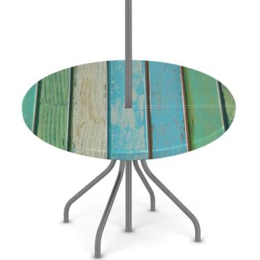 Imagem de Toalha de mesa redonda para uso ao ar livre – Toalha de mesa circular de madeira rústica verde com borda elástica e orifício para guarda-chuva e zíper oculto – capa de mesa à prova d'água para mesas