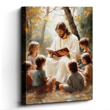 Imagem de WOXZQ Arte de parede de Jesus Cristo, ensinando bíblia infantil, decoração de parede religiosa, impressão em tela sem moldura, papel laminado, arte de pôster cristão, para presente de escola dominical