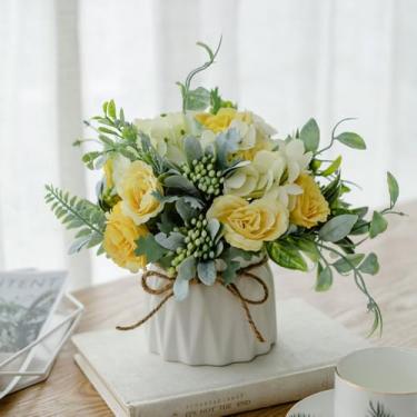 Imagem de TKAS Arranjo de flores falsas em vaso de cerâmica, rosas artificiais de seda sintética e hortênsia, peça central floral pequena realista de estilo seco para mesa de jantar, decoração de casa de festa