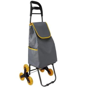 Imagem de Carrinho de Compras Dobrável com Rodas para Escada, 6 Rodas Amarelas, Estrutura em Alumínio, Capacidade 40kg, Bolsa Cinza com Detalhes Amarelos